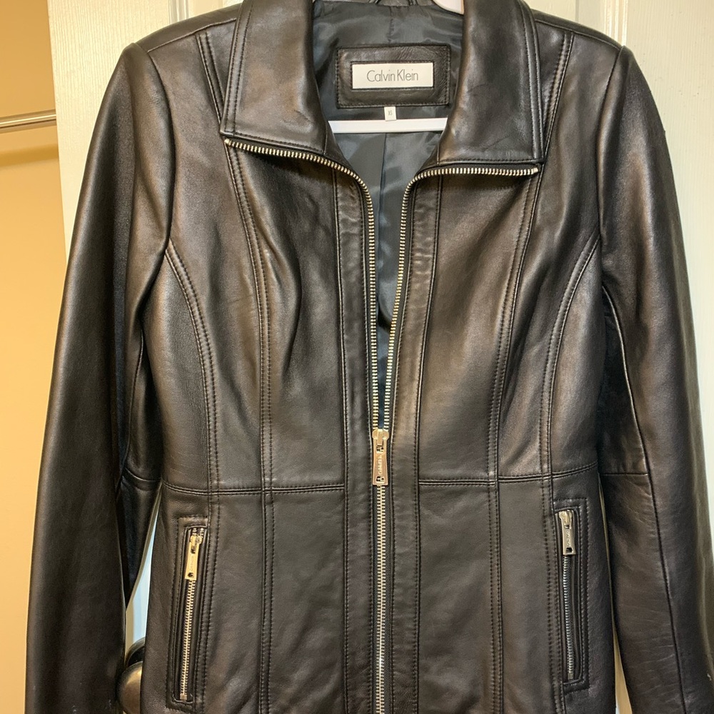 XS FITS like size 2. Calvin Klein black soft leather jacket